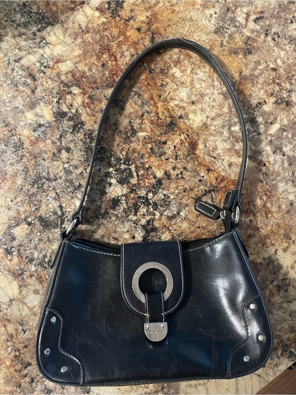 Minicci Black Leather Shoulder Bag with Silver Ring Hardware